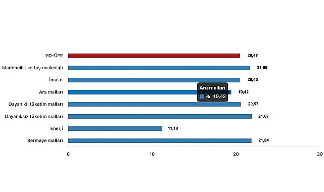 YD-ÜFE imalat ürünlerinde yıllık %20,45 arttı Sanayinin iki sektörünün yıllık